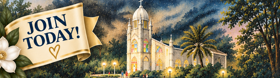 Join today — the St. Paul School & Holy Family Catholic School chapel set among trees at dusk, from the Alumni Association flyer
